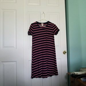 red & blue lettuce trim dress